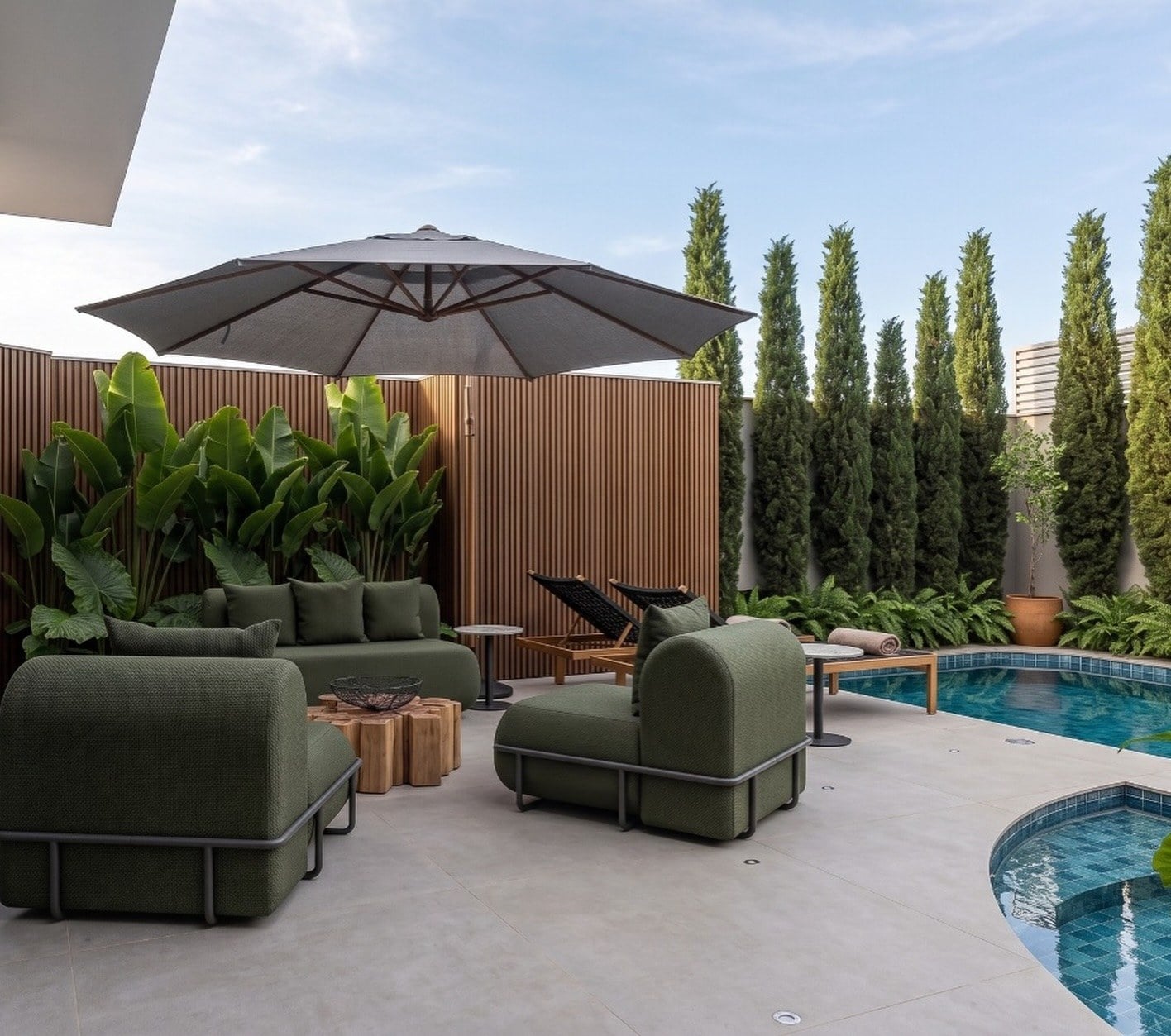 Área externa com sofás verdes, ombrelone, piscina, ripado de madeira e fileira de ciprestes