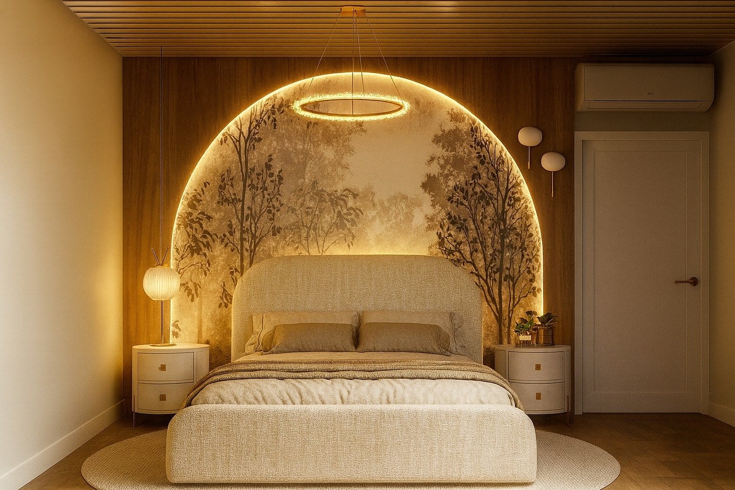 Quarto infantil com cama estofada sob um arco iluminado com papel de parede de árvores