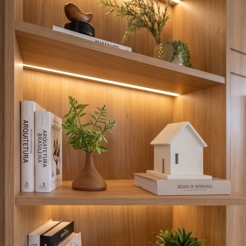 Estante de madeira com luz embutida, livros, plantas e uma casinha branca
